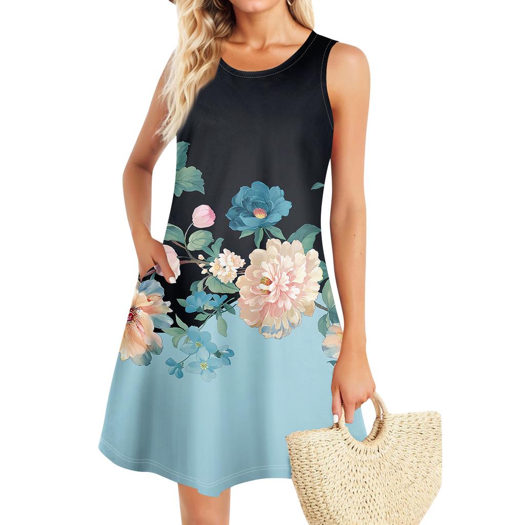 Summer Dresses For Women Beach Boho Sleeveless Vintage Printing Flowy Pocket Tshirt Tank Sundresses