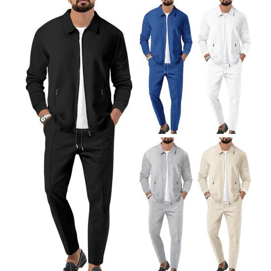 2Pcs/Set Men Autumn Suit Lapel Long Sleeve Zipper Placket Cardigan Elastic Drawstring Waist Long