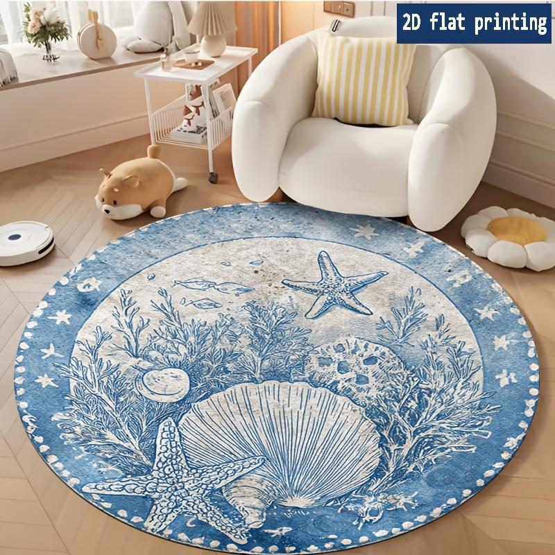 Coastal Nautical Round Rug Sea Shell Pearl Area Mat Vintage Golden Starfish Pattern Nordic Couch Bedside Decor Carpet