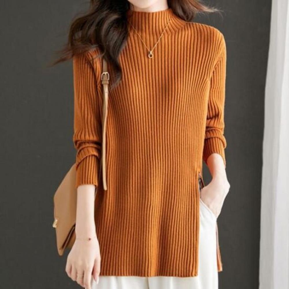 Navava Daily Zip Point Ribbed Mock Neck Long Sleeve Knit Top Nk3476
