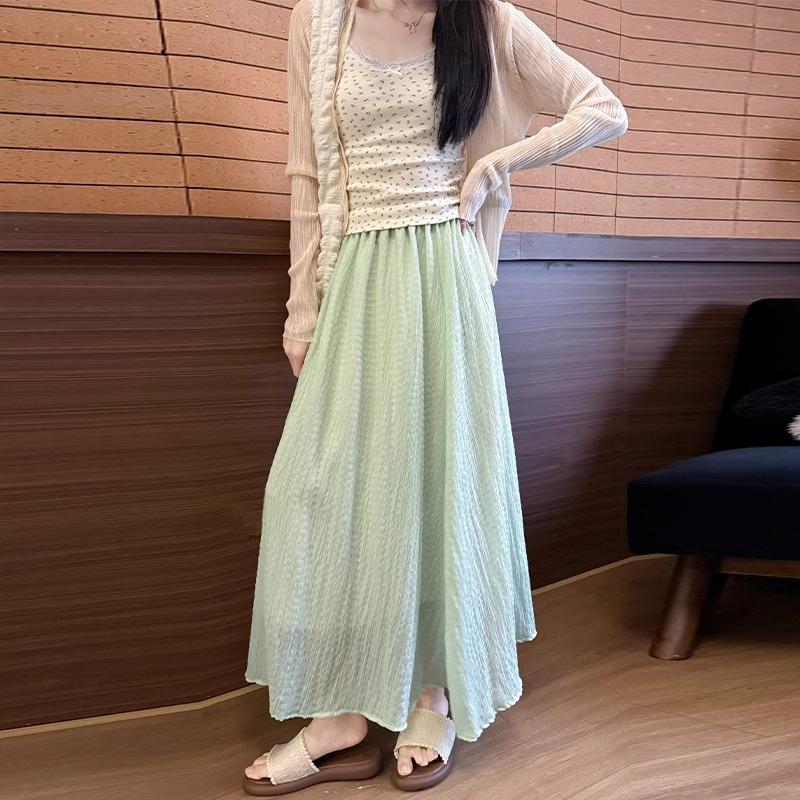 Свежая зеленая сетчатая юбка-решетка для женщин на весну и лето. Новая длинная шифоновая юбка-зонт А-силуэта с высокой талией