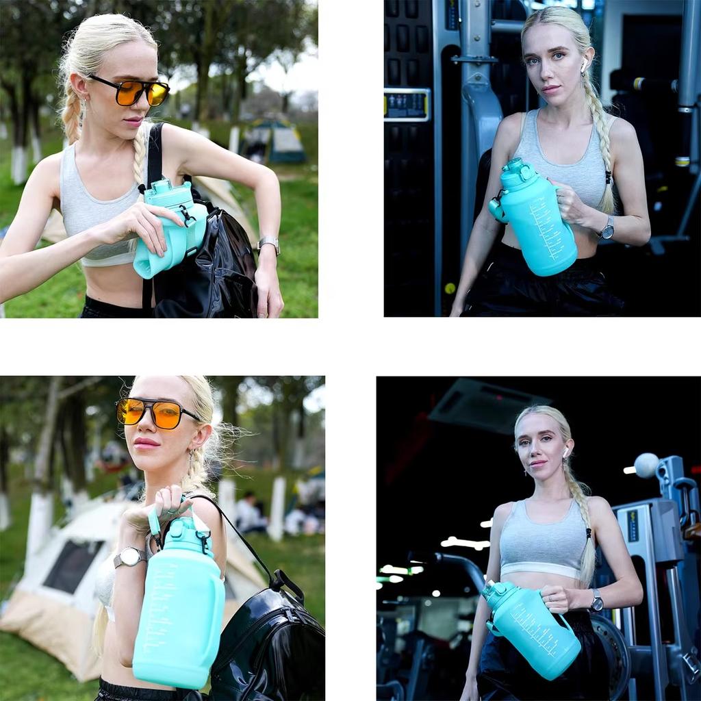 64oz/2L Large Capacity Silicone Water Bottles Collapsible Water Bottle with Handle & Straw Travel Gym Camping Hiking Sports Cup