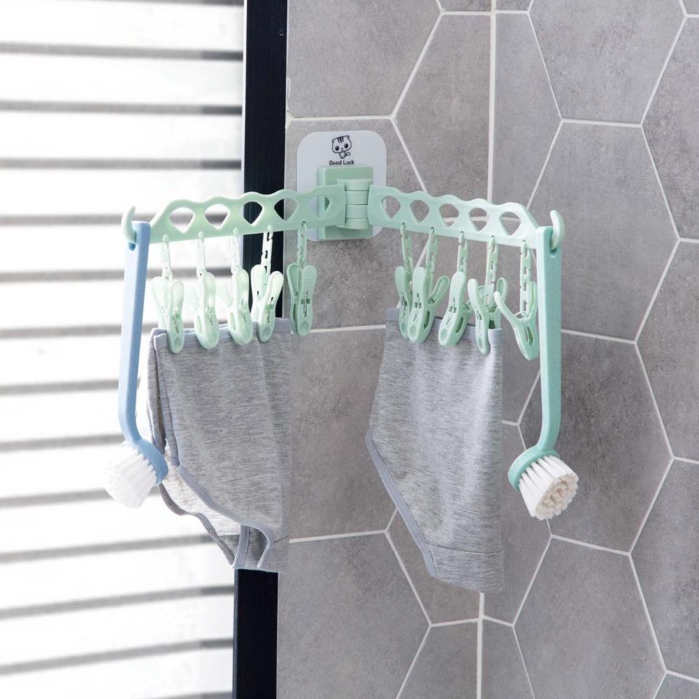 Bathroom 10 Clips Foldable Clothes Rack Hanger Laundry Folding Wall Underware Clothespin Mount Drying Holder for Bra Socks