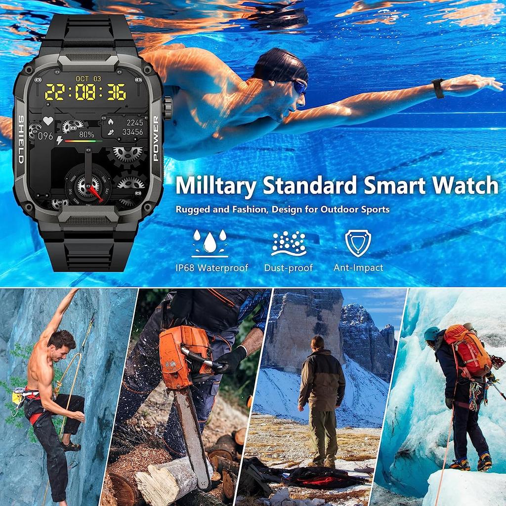 Smart Watch for Men Military Smart Watches IP68 Waterproof Smartwatch Bluetooth Call Outdoor Tactical Sports Rugged Fitness Tracker for iPhone Android
