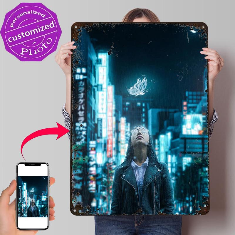 Girl in the Rain D Texture Metal Poster Customized Wall Art Tin Sign Gift for Mancave Interior Decoration Living Room Ornaments