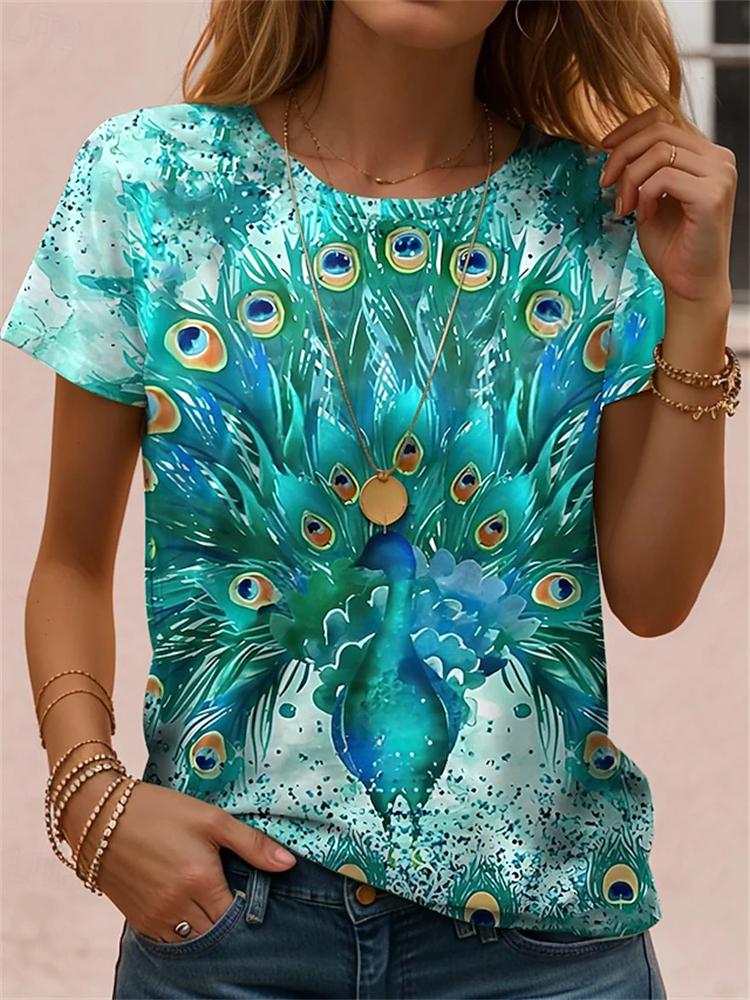 Women's Summer Casual Round-Neck Short-Sleeve T-Shirt Simple Dragonfly Print Elegant T-Shirt Stylish Women's Top