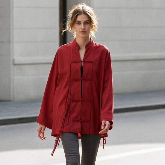 Handmade Button Shirt Women Stand Collar Shirt, Chinese Frog Blouse for Early Summer Casual Outfit Fall, Loose Solid Color Long Sleeve Top Spring Wear