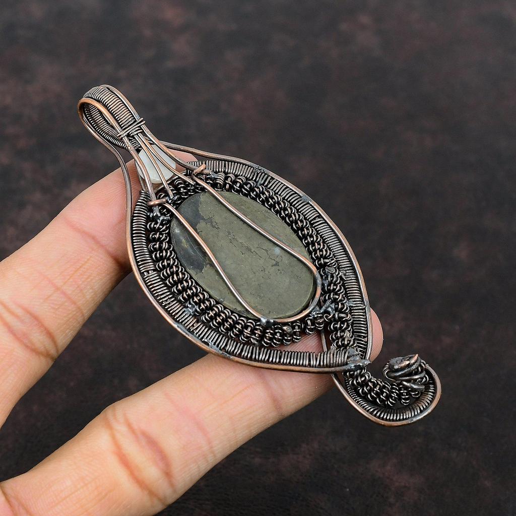 Пирит Медный кулон с проволочной обмоткой, медная проволочная обмотка, ювелирные изделия, радужная подвеска с лунным камнем, подарок для него, ювелирные изделия из пирита ручной работы