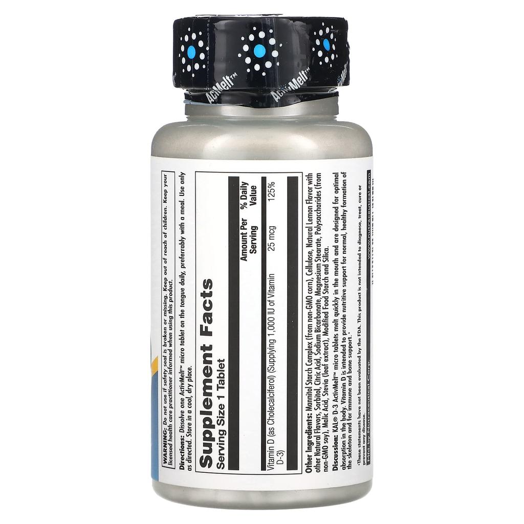 KAL D-3, Lemon Meringue, 25 Mcg (1,000 IU), 100 Micro Tablets