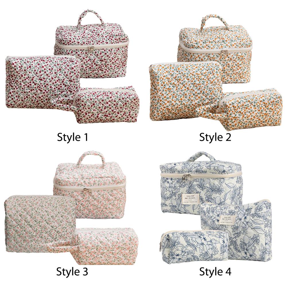 3 шт. Цветочная косметичка Хлопковая стеганая косметичка Большой вместимости Органайзер для макияжа Сумка для хранения с молнией для женщин и девушек
