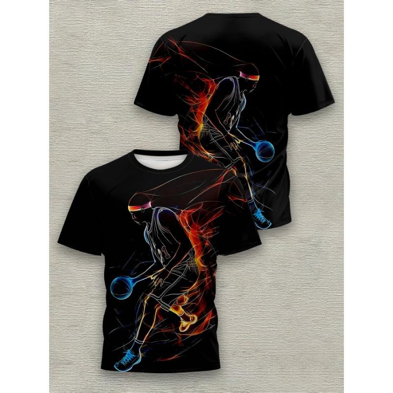 Men's Fluorescent Basketball T-Shirt Compatible for Streetwear & Court - Short Sleeve Round Neck Casual Top with Fluorescent Print