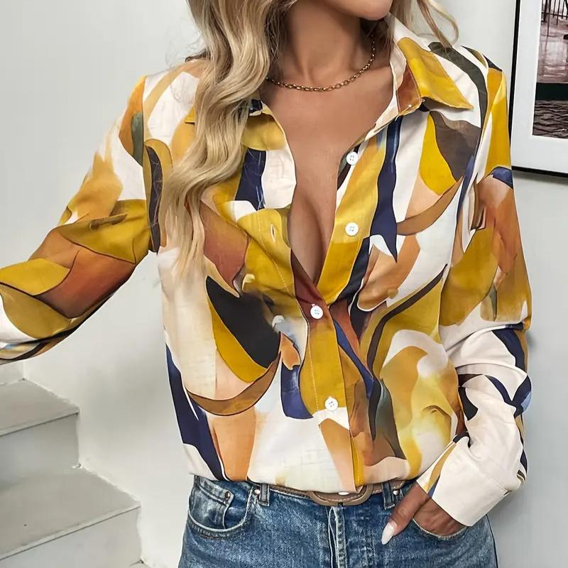 Женская элегантная блузка на пуговицах с геометрическим узором и воротником-лацканом - рубашка с длинным рукавом из 100% полиэстера - на все сезоны