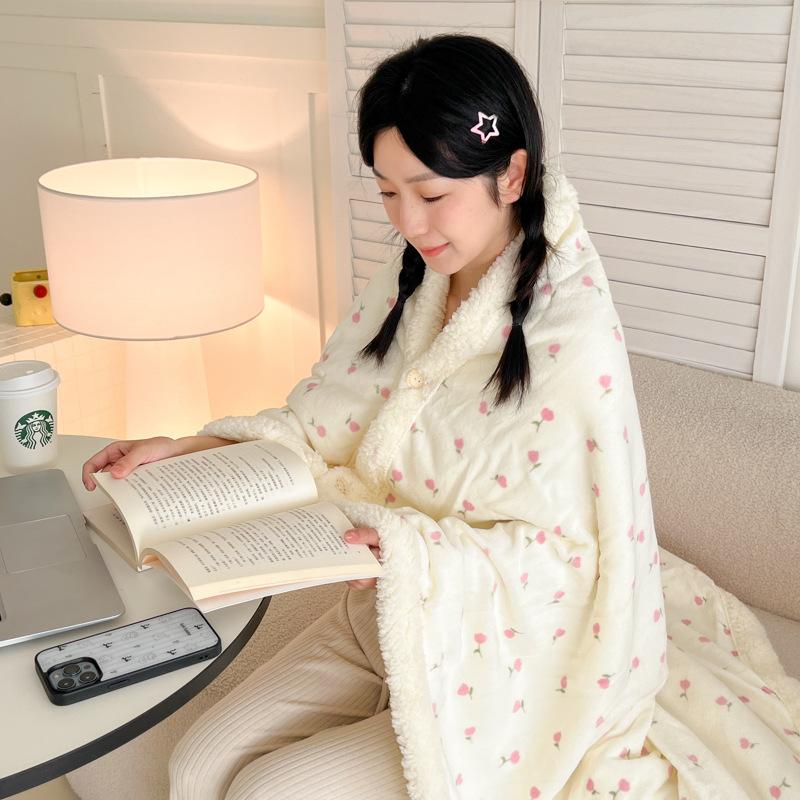 2026 Winter Thickened Milk Fleece Blanket Soft Warm Wearable Shawl Blanket with Buttons Cute Animal Plush Lap Blanket for Office Home Travel