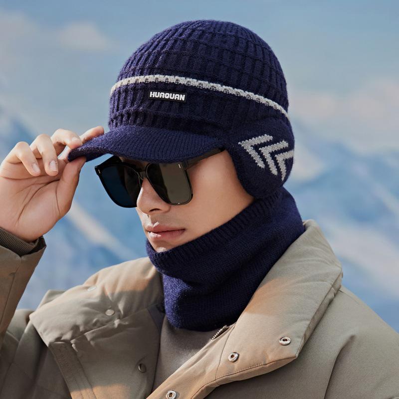 Men's Korean Style Knitted Wool Winter Hat & Velvet Earmuff Scarf Set for Cycling