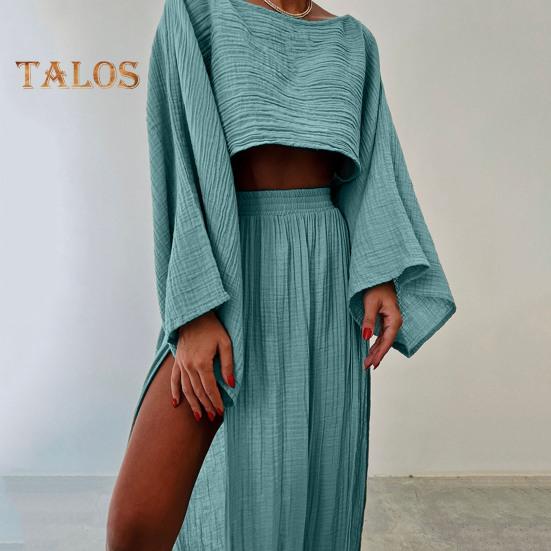 2 шт./компл. женский укороченный топ с юбкой, комплект с длинным рукавом, наклонным вырезом, короткий топ с высокой талией, разделенная юбка, сплошной цвет, пляжное бикини для отдыха, клубный вечерние топ