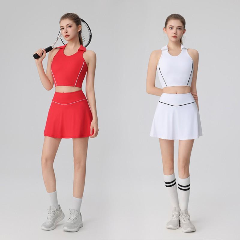 Womens Sporty Color-Block Yoga Bra Skirt Set Breathable Quick-Dry Gym Workout Outfit