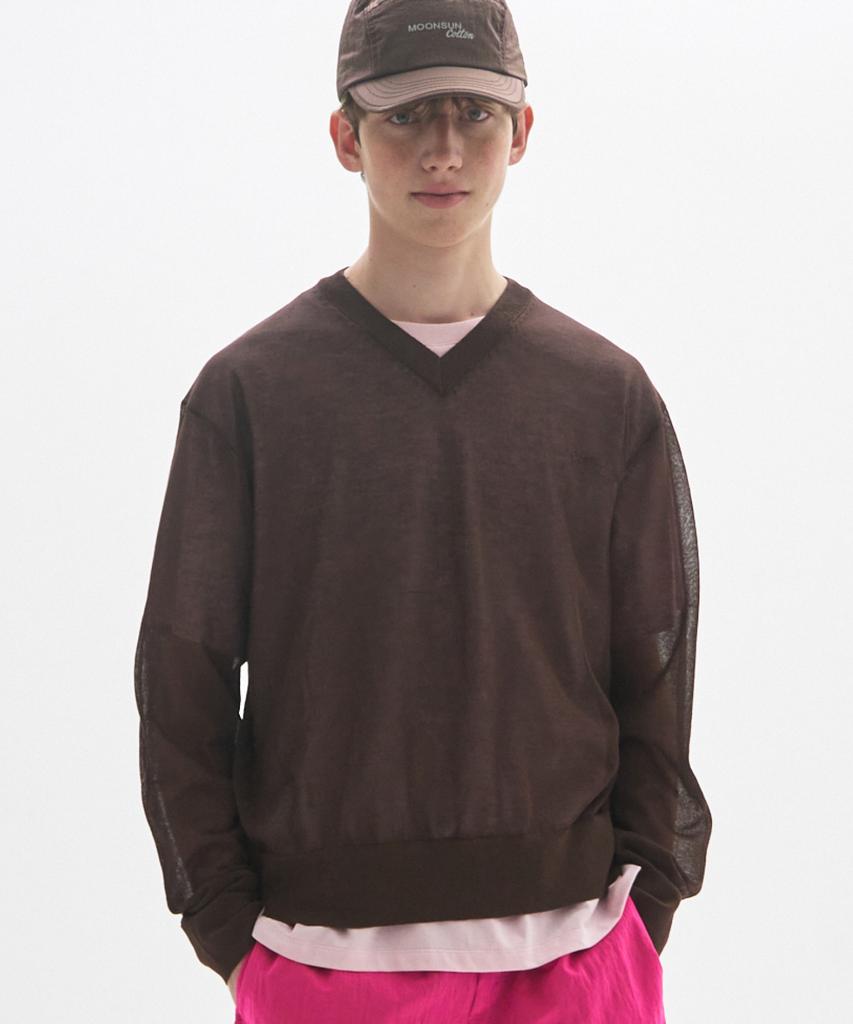 MOONSUN M.C Unisex, Logo Sheer V Neck Knit / Brown