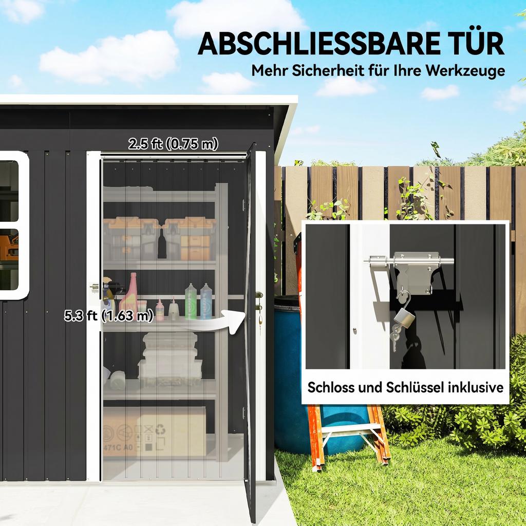 Garden Shed, Garden House with Window, Lockable Door, for Garden, Patio, Steel, 221L x 133W x 190H cm, Grey