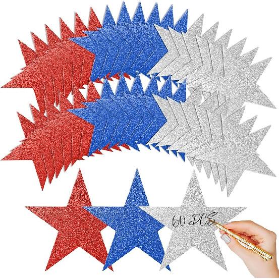 60 Pcs Patriotic Star Cutouts Double Printed Paper Star Confetti Cutouts for 4th of July Decoration Bulletin Board Classroom Wall Decoration,6 Inches