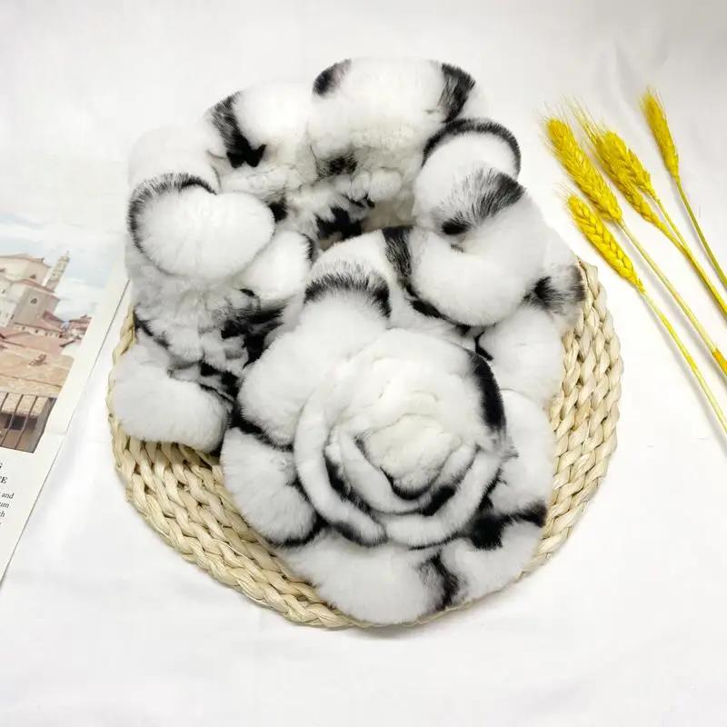 Шарф из натурального кроличьего меха Женский Настоящий рекс Грелка для шеи Стильный Зимний Теплый Модный Женский Шарфы Цветочные Шали 65x12см