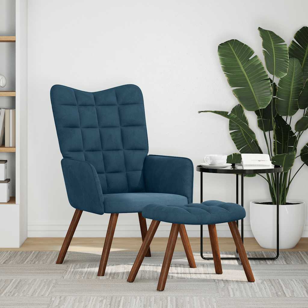 Relax Armchair with Footstool Blue Velvet