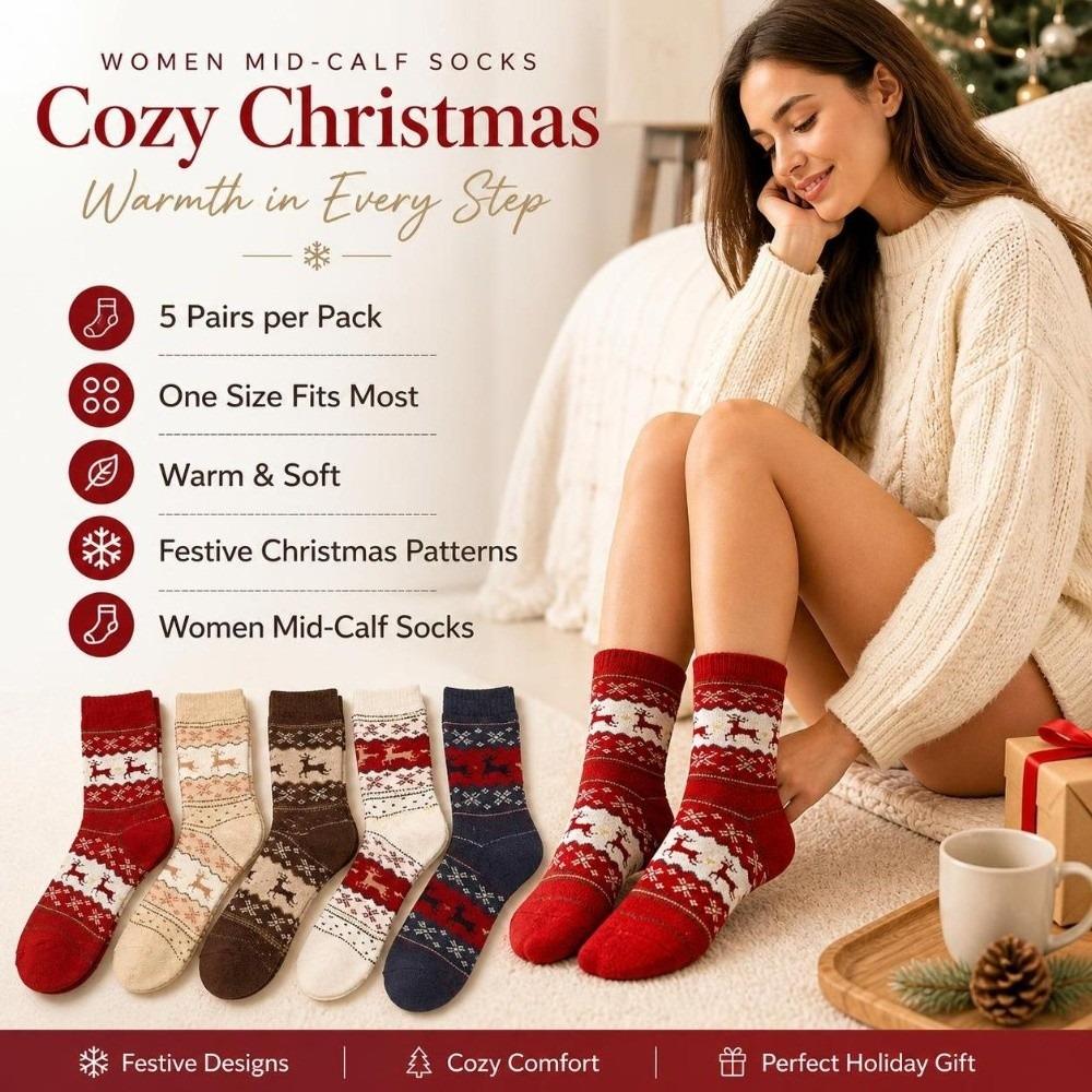 5pairs Wool Deer Knit Winter Socks Thickened Warm Mid-Calf Socks Christmas Reindeer Socks Autumn