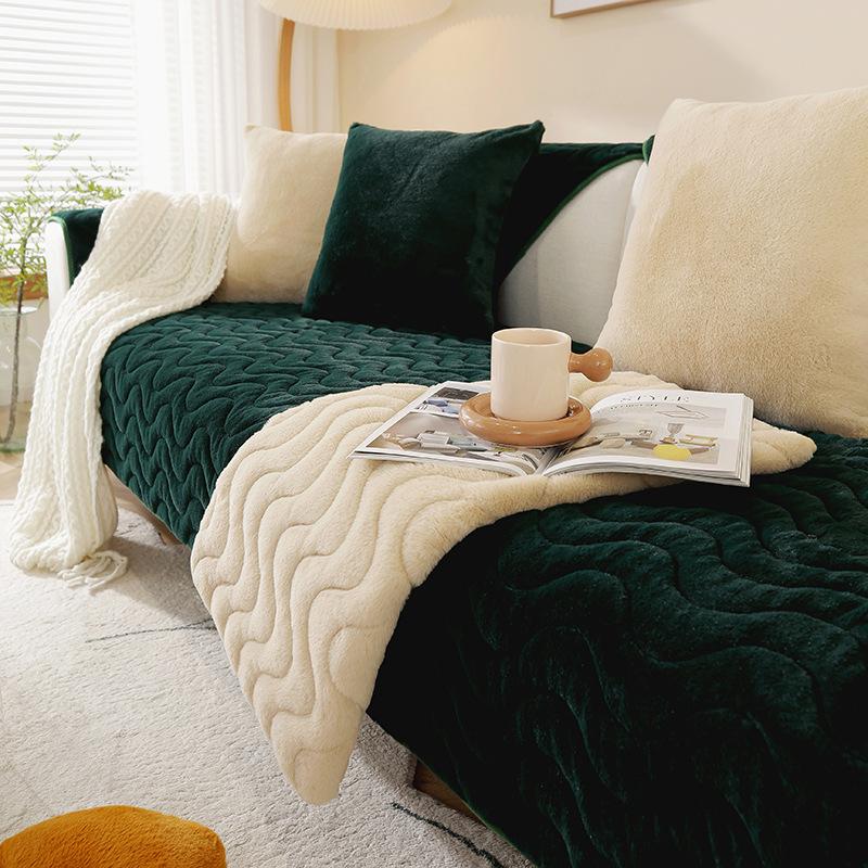Super Soft Rabbit Plush Quilted Sofa Towel Winter Warm Thick Plush Couch Cover L-shaped Sectional Anti-slip Sofa Cover