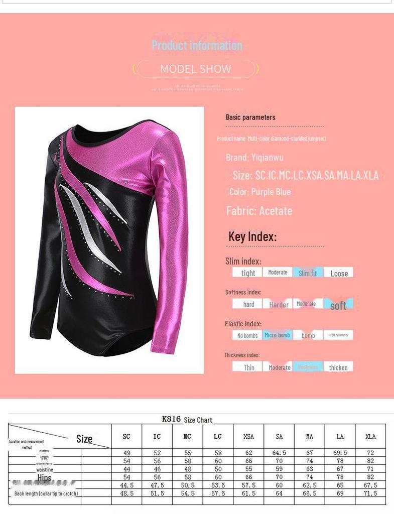 Children's Multi-Color Diamond-Studded Gymnastics Dance Jumpsuit - Breathable Girls' Training Vest