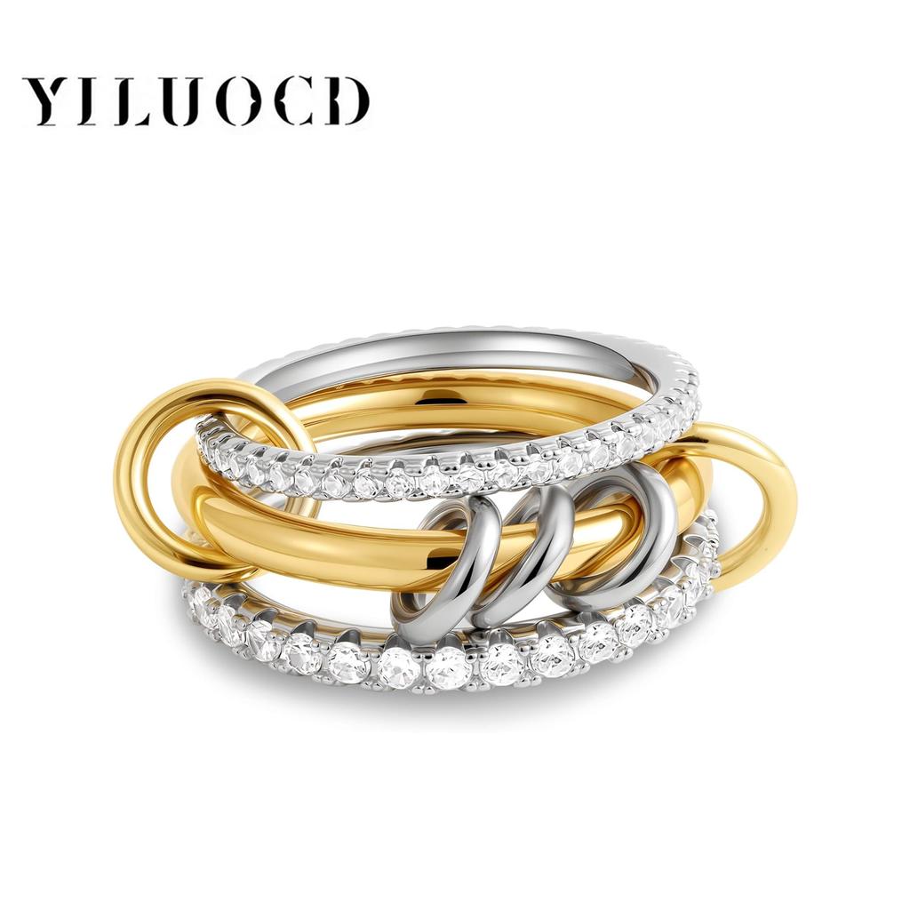 YILUOCD Gilded Stainless Steel Stackable Rings Set for Women Micro Pave 5A Cubic Zirconia Tarnish Dainty Ring Statement Jewelry