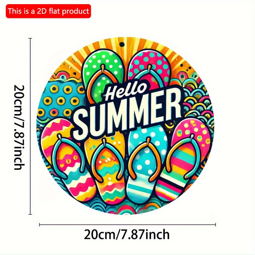 2d Flat 20*20cm "Hello Summer" Flip Wall Art, Vibrant Wooden Sign with Tropical Design, Circular Wooden Decoration, Suitable for Bars, Cafes or Clubs,