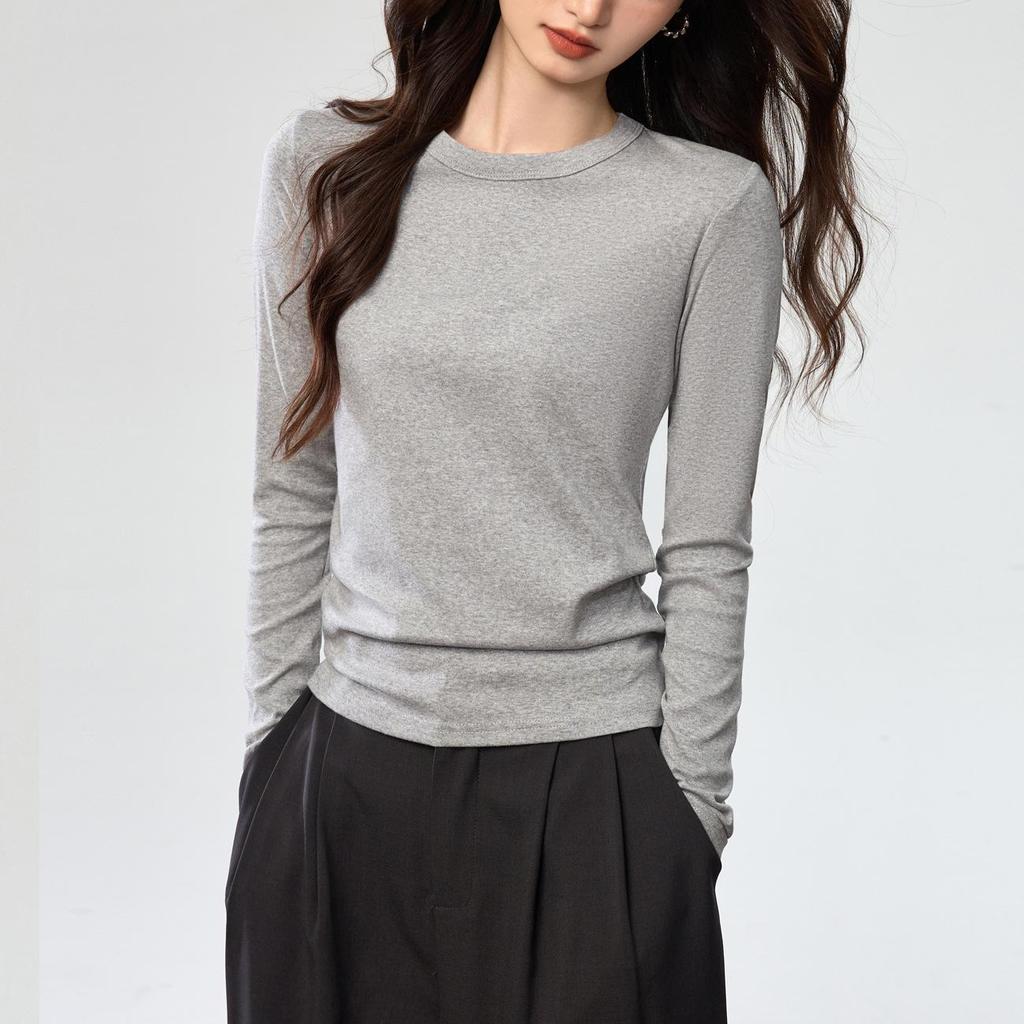 Женская футболка с длинным рукавом Осень 2025: Гребенной хлопок, Универсальный дизайн с открытой строчкой, Простой круглый вырез.