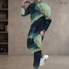 Men Plus Size Two Piece Set Round Neck Long Sleeve Top Cuffed Pants Colorful Swirl Printed