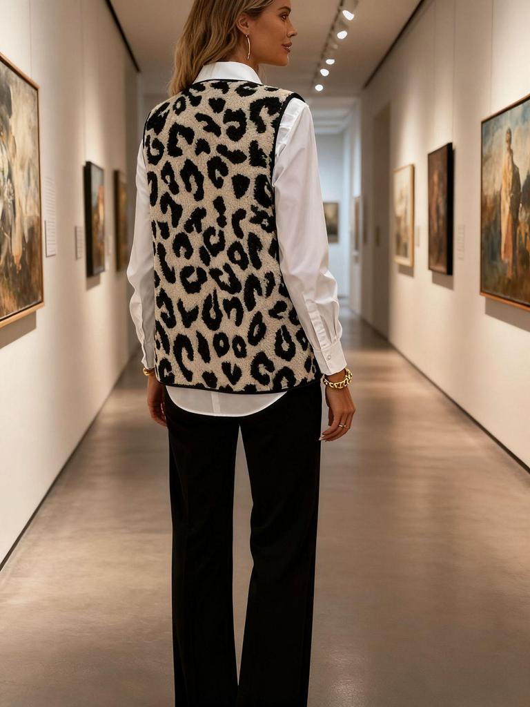 2025 Women's Leopard Print Button-Front Plush Vest - European/American Autumn/Winter Fashion