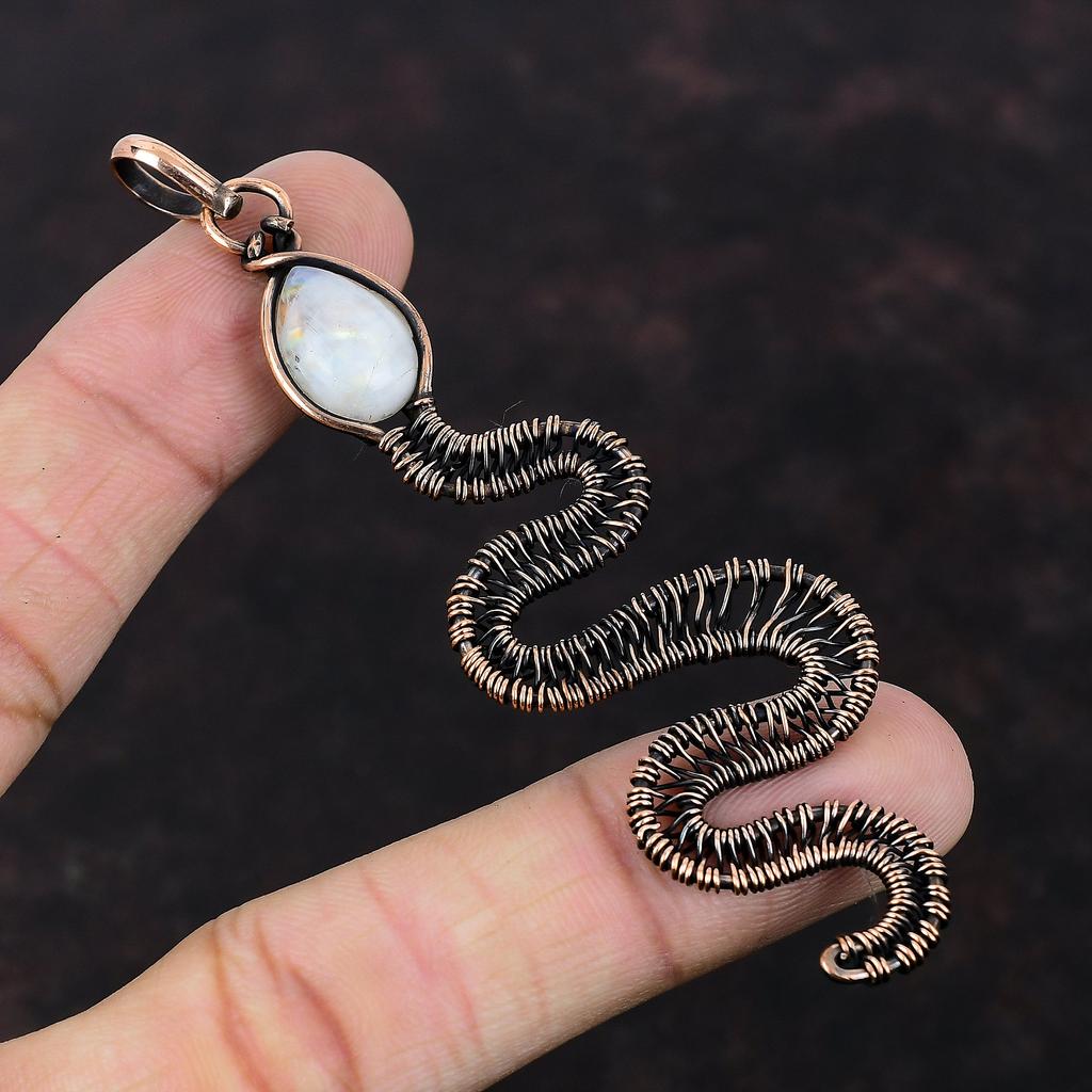 Подвеска Rainbow Moonstone, подвеска из медной проволоки, ювелирное изделие ручной работы, подвеска в виде змеи, ювелирное изделие из медной проволоки, подвеска из драгоценного камня, подарок для нее