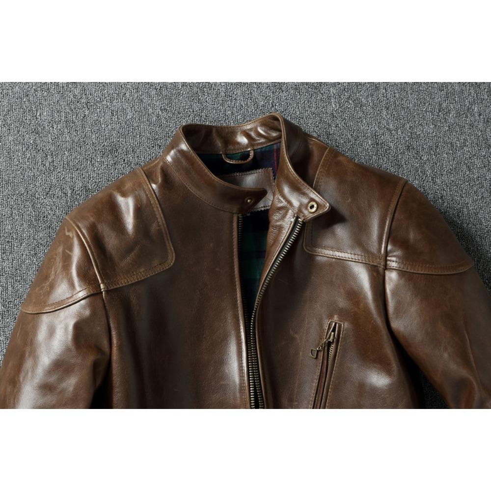 Китайский размер, стиль RL, верхний слой, вощеная воловья кожа, мужская куртка с воротником-стойкой, коричневое пальто, мужская байкерская куртка, весна-осень