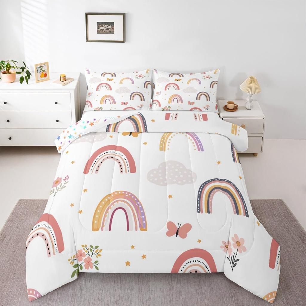 Erosebridal Rainbow Comforter Set 2Pcs, Kawaii Cartoon Cloud Quilt Iridescent Twin for Kids Girls Women Teens, Love Heart Duvet Insert Hand