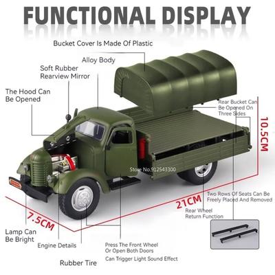 1:24 CA10 Винтажный грузовик Бронированный автомобиль Модель Игрушка Сплав Литье под давлением Военный Транспортные средства Модели Звук Свет Детские подарки
