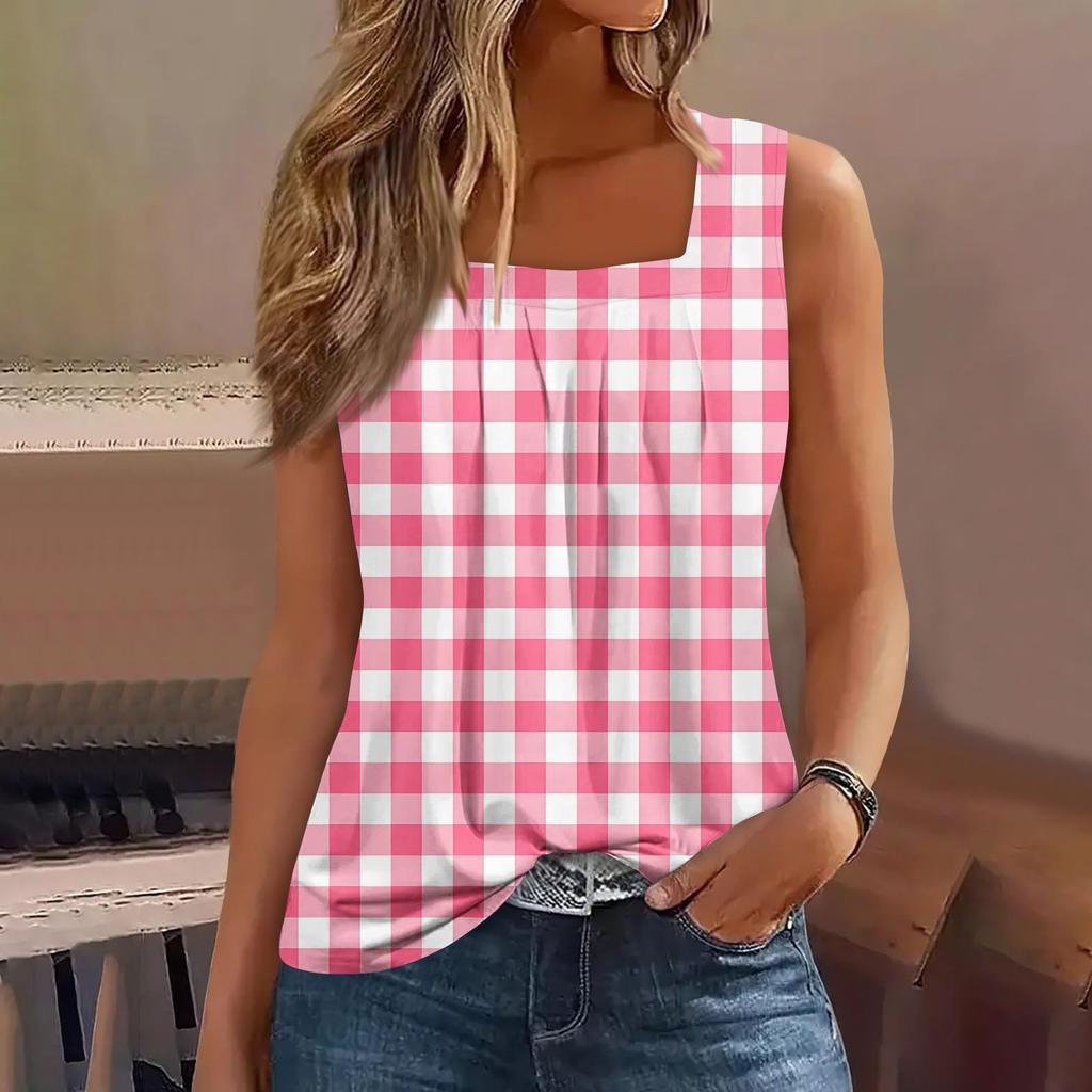 Women's Pleated Square Collar Sleeveless Vest Print T-shirt