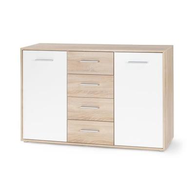 Низкий буфет PILVI - 2 двери и 4 ящика - Белый и дуб сонома - Ш 122,6 x Г 34,2 x В 81,1 см