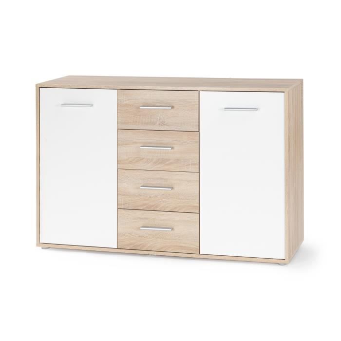 Buffet bas PILVI - 2 portes et 4 tiroirs - Blanc et chêne sonoma - L 122,6 x P 34,2 x H 81,1 cm