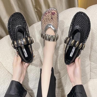 Мода 2024 Лето Новые Круглые Босоножки С Сеткой Полые Модные и Удобные Женские Босоножки На Плоской Подошве