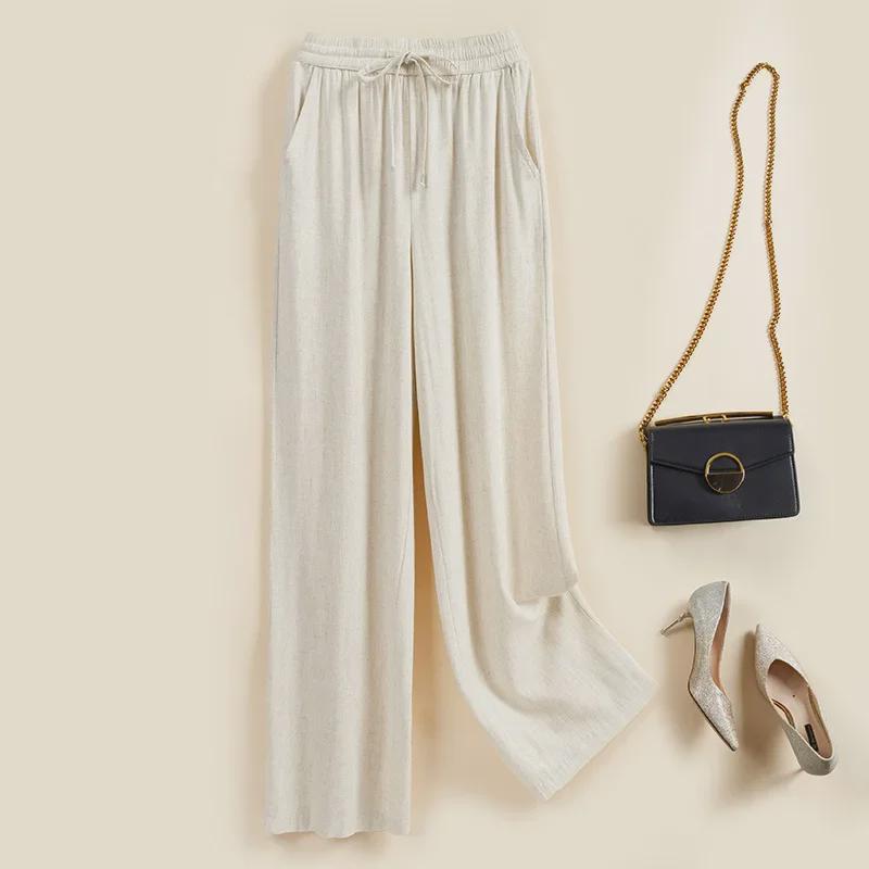 Женские легкие брюки с высокой талией из хлопка и льна 2024 года, широкие брюки - повседневная эластичная резинка на талии, свободный крой, универсальный дизайн
