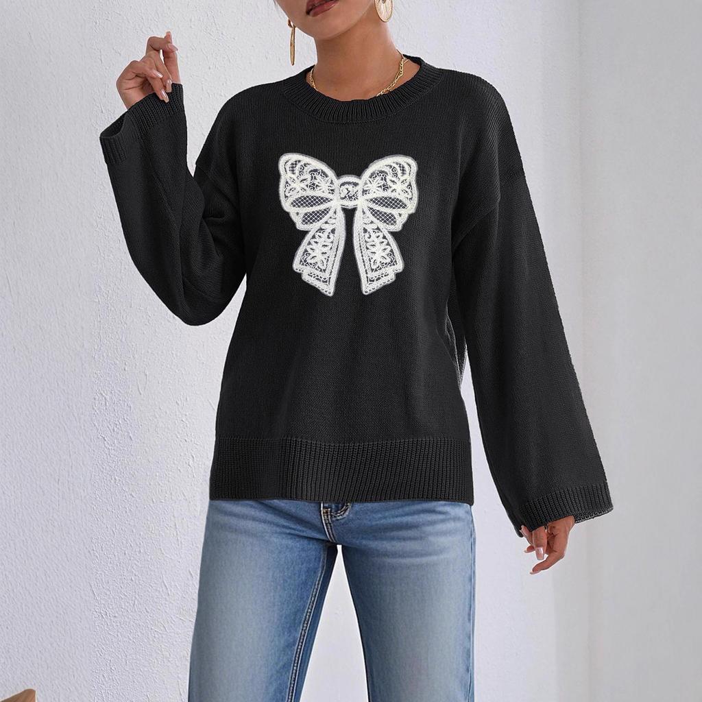 Three-dimensional Lace Bow Patchwork Autumn and Winter Loose, Comfortable and Casual Solid Color Long-sleeved Top with Round Neck