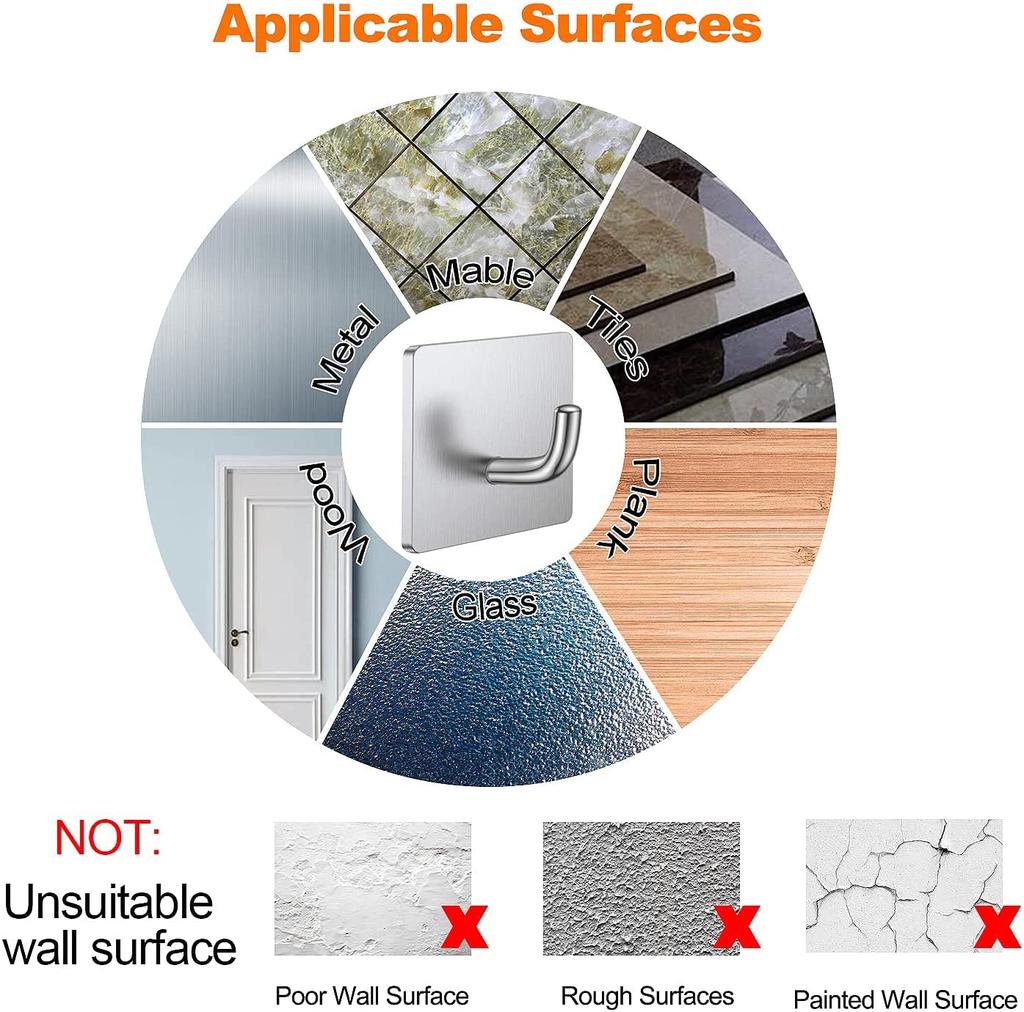 Adhesive Hooks Heavy Duty Stick on Wall Towel Hooks Waterproof Stainless Steel Adhesive Door Hook