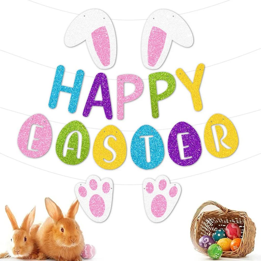 Happy Easter Pulling Flag Banner Bunny Ear Headband Easter Theme Party Background Wall Decoration For Festival Celebration