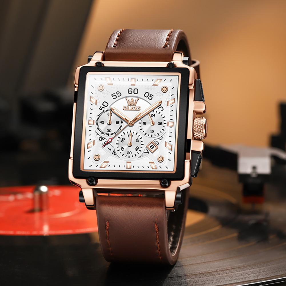OLEVS  9919  Oem logo Band Classic Reloj Genuine Leather Calendar Multifunctional Chronograph Watch Square Quartz Watch for Man