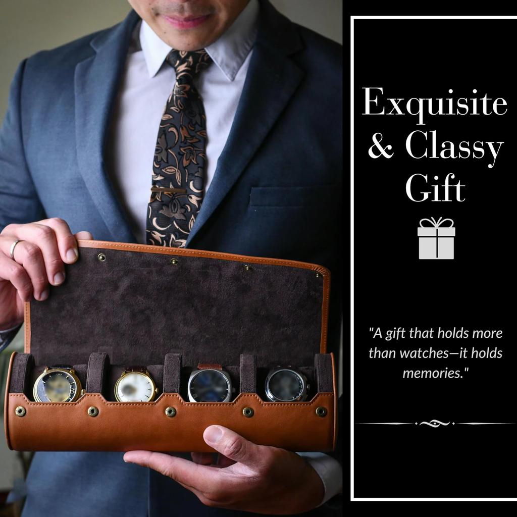 4 Slot Watch Travel Case for Men – PU Leather Watch Roll Case Storage for Travel - Watch Organizer for Men & Women