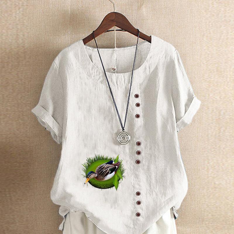 Women's Fashion Duck Prined Round Neck Short Sleeve T-shirt Casual Cotton Linen Graphic Shirt Leisure Loose Summer Blouse Tops