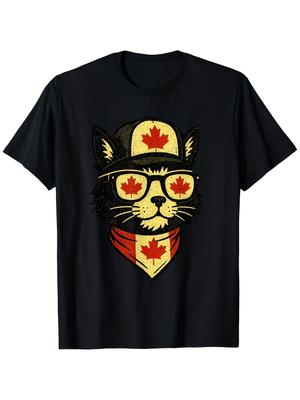 Canada Day Cat T-Shirt - Vintage Black with Canadian Flag & Cat Design, Polyester, 180g, Round Neck, Casual Summer Tee for Adults, Cat Tshirt, Outdoor
