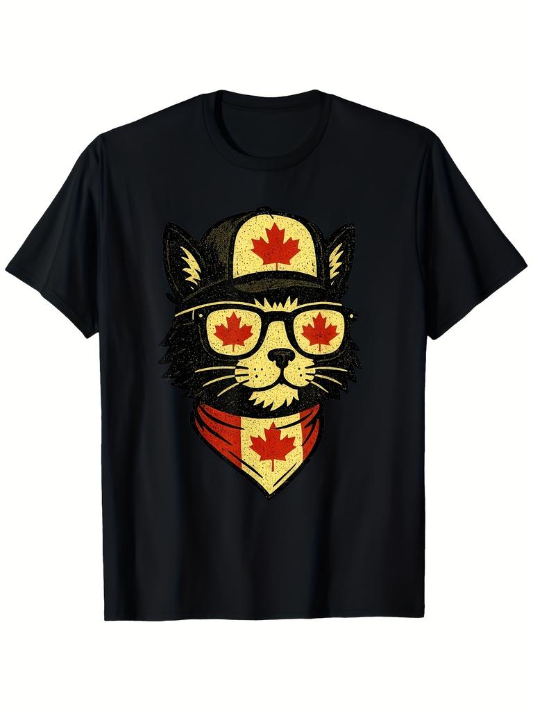 Canada Day Cat T-Shirt - Vintage Black with Canadian Flag & Cat Design, Polyester, 180g, Round Neck, Casual Summer Tee for Adults, Cat Tshirt, Outdoor